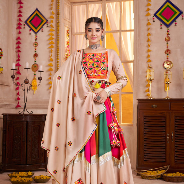 Monjolika Fashion Viscose Cotton Beige Multicolor Navratri Lehenga Choli With Mirror And Kutchi Embroidery Work - Distacart