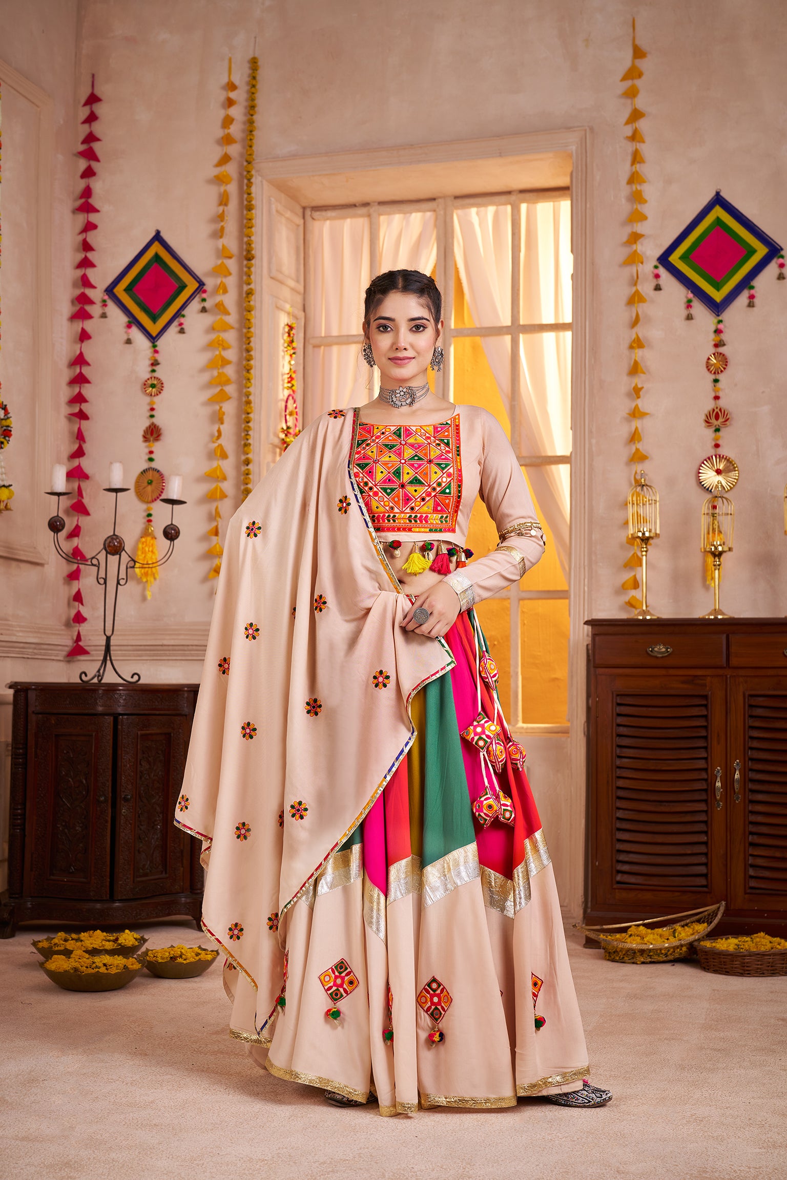 Monjolika Fashion Viscose Cotton Beige Multicolor Navratri Lehenga Choli With Mirror And Kutchi Embroidery Work - Distacart