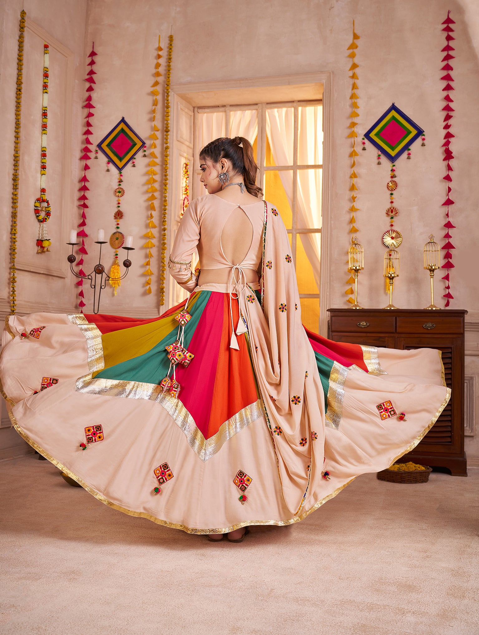 Monjolika Fashion Viscose Cotton Beige Multicolor Navratri Lehenga Choli With Mirror And Kutchi Embroidery Work