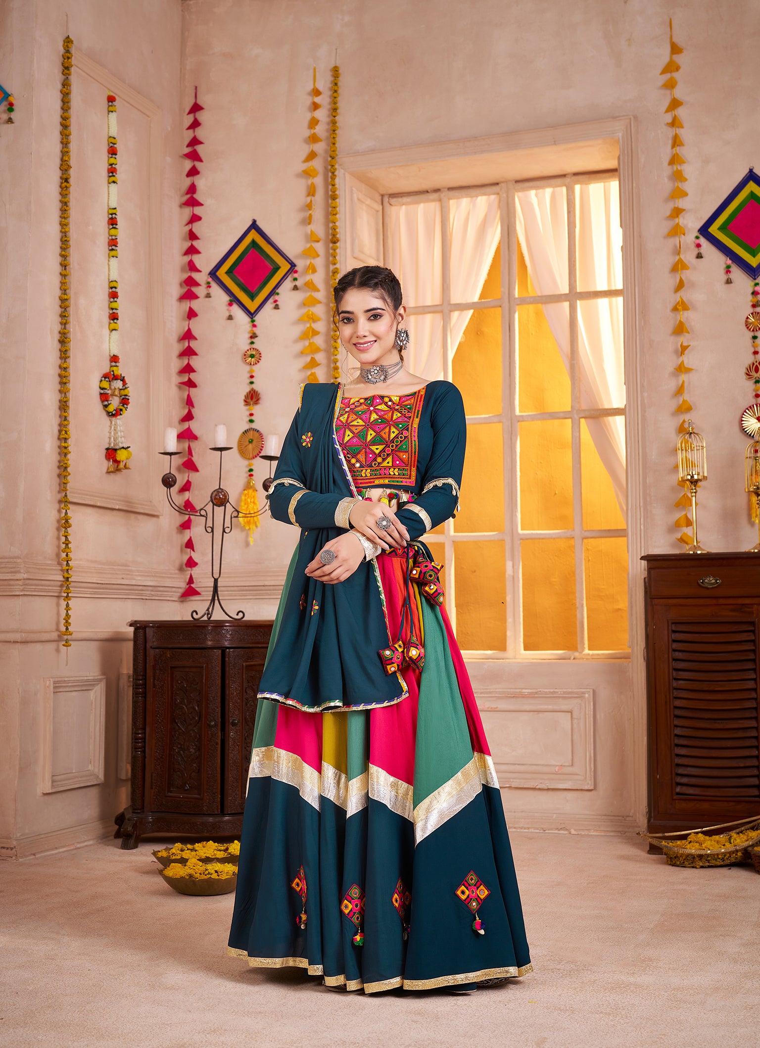 Monjolika Fashion Viscose Cotton Multi Color-Teal Blue Navratri Lehenga Choli With Mirror And Kutchi