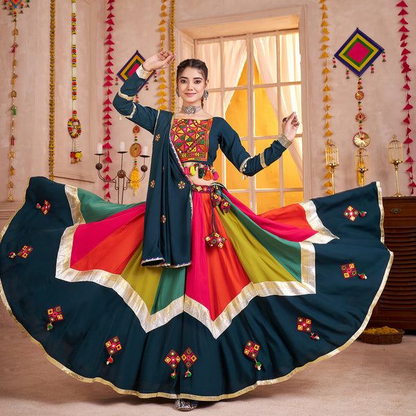 Monjolika Fashion Viscose Cotton Multi Color-Teal Blue Navratri Lehenga Choli With Mirror And Kutchi - Distacart