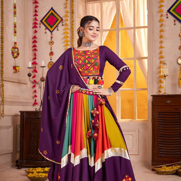 Monjolika Fashion Viscose Cotton Purple Multicolor Navratri Lehenga Choli With Mirror And Kutchi Embroidery Work - Distacart