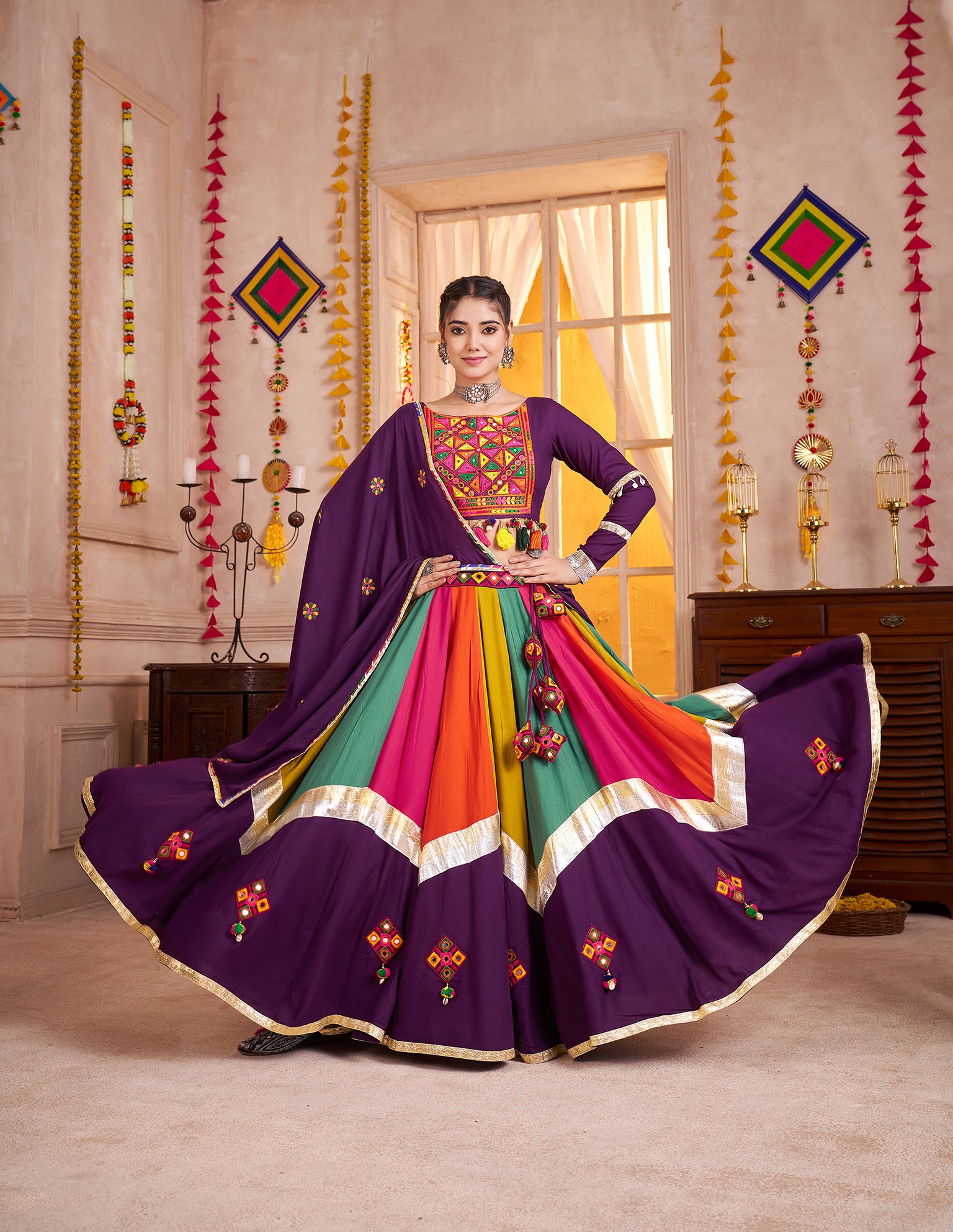 Monjolika Fashion Viscose Cotton Purple Multicolor Navratri Lehenga Choli With Mirror And Kutchi Embroidery Work