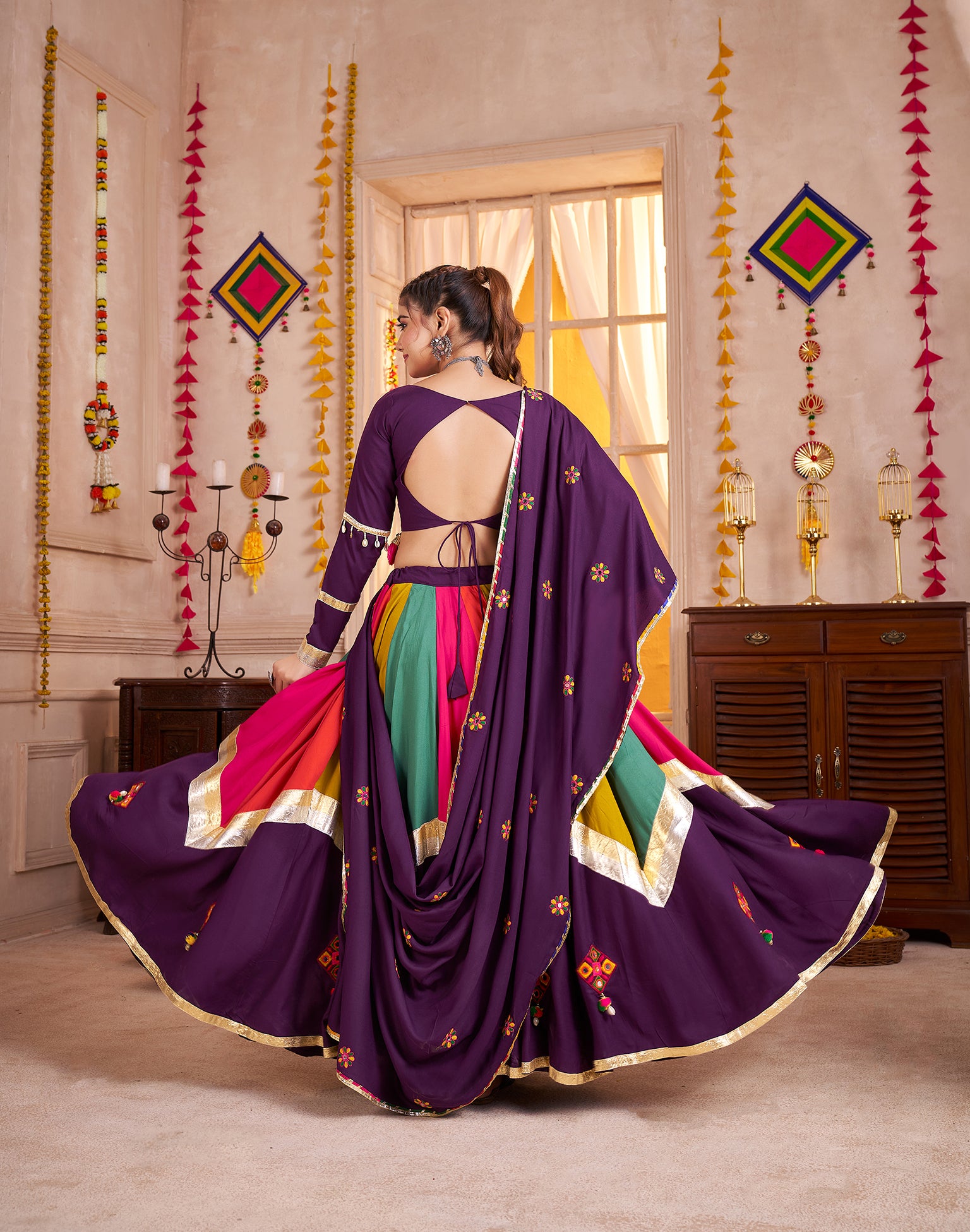 Monjolika Fashion Viscose Cotton Purple Multicolor Navratri Lehenga Choli With Mirror And Kutchi Embroidery Work