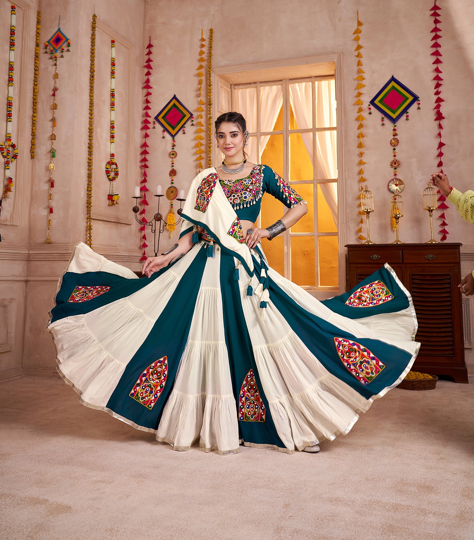 Monjolika Fashion Multi-Color Kutchi Mirror Work Navratri Lehenga Choli