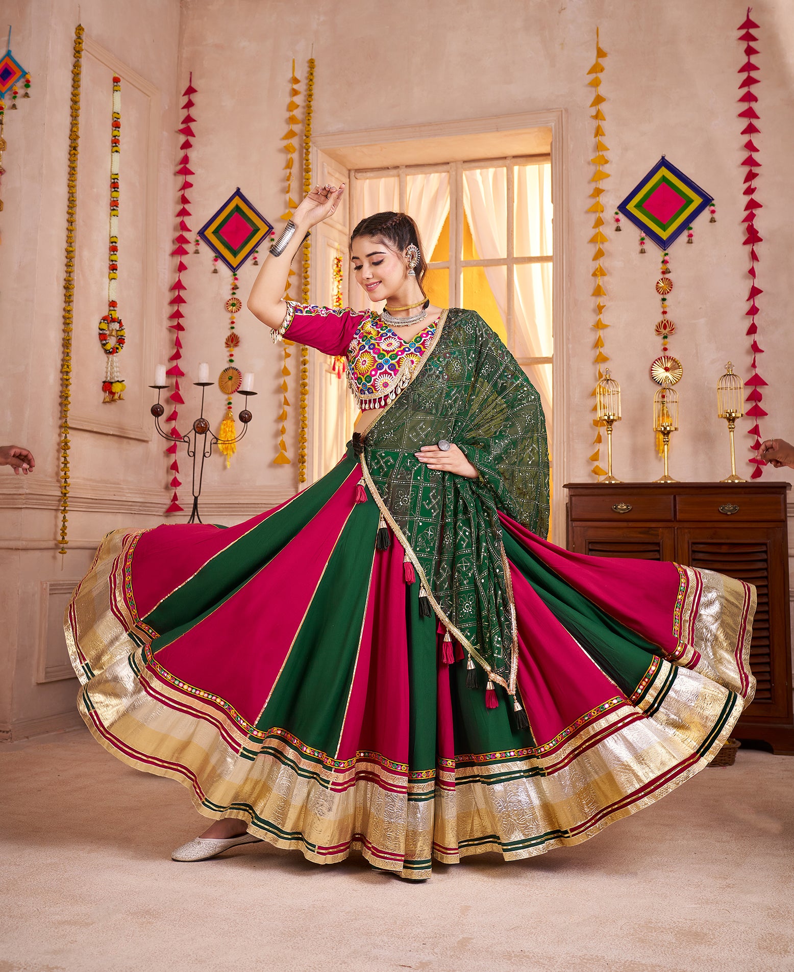 Monjolika Fashion Colorful Viscose Cotton Navratri Lehenga With Kutchi Mirror Work Choli