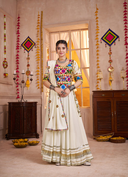 Monjolika Fashion Designer Viscose Cotton White Navratri Chaniya Choli