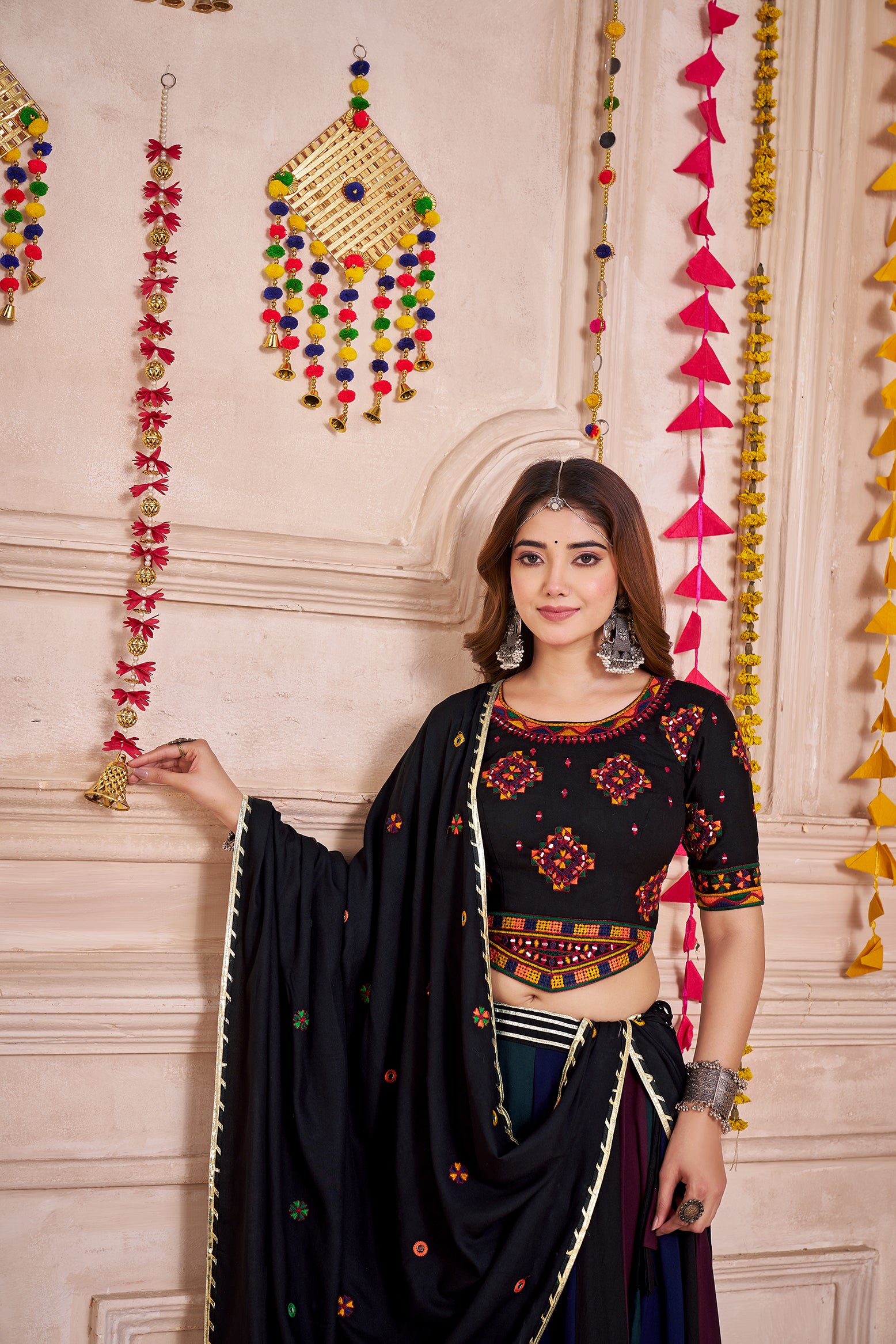 Monjolika Fashion Multi-Color Viscose Cotton Navratri Lehenga Choli With Hand Mirror Work - Distacart
