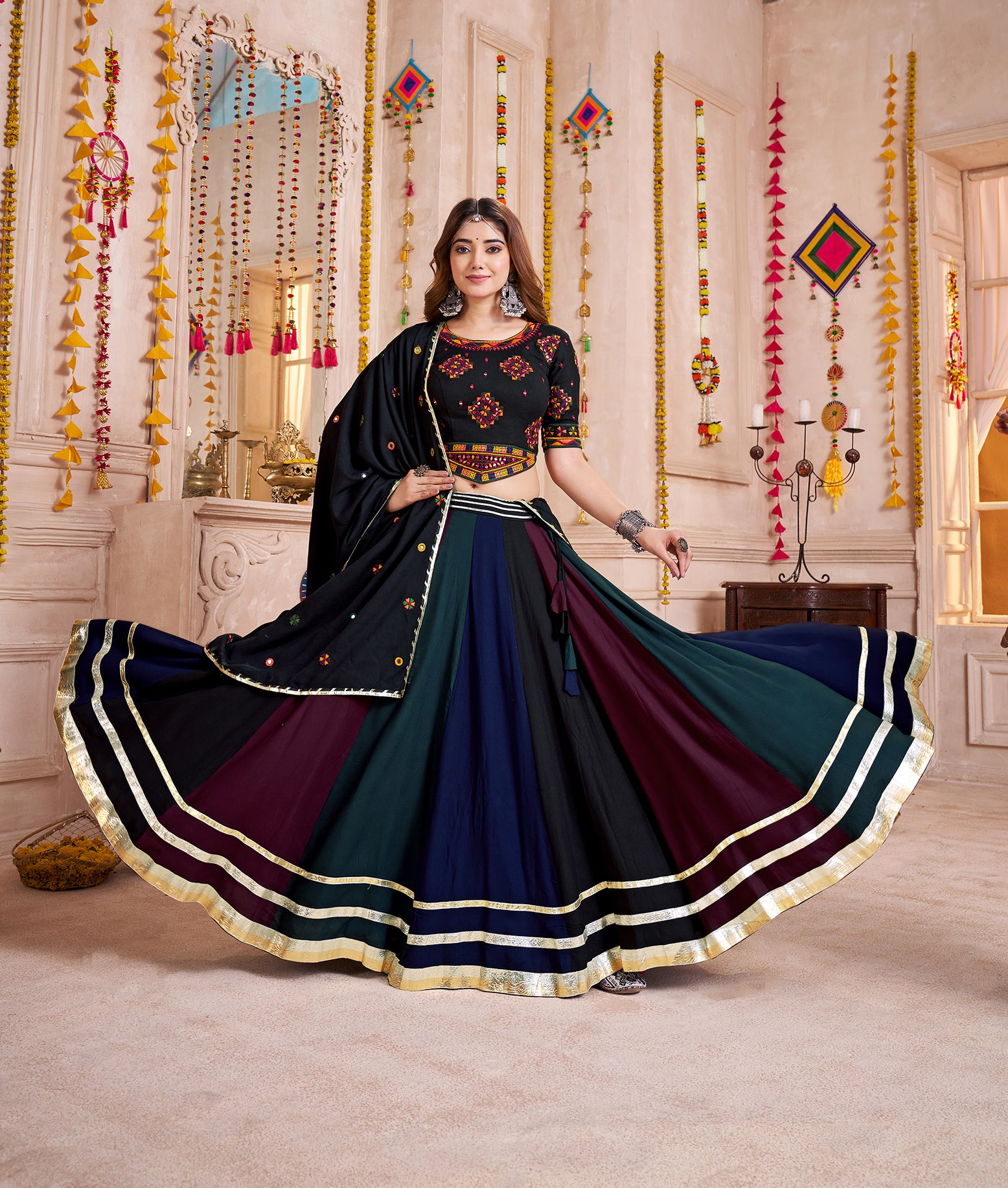 Monjolika Fashion Multi-Color Viscose Cotton Navratri Lehenga Choli With Hand Mirror Work