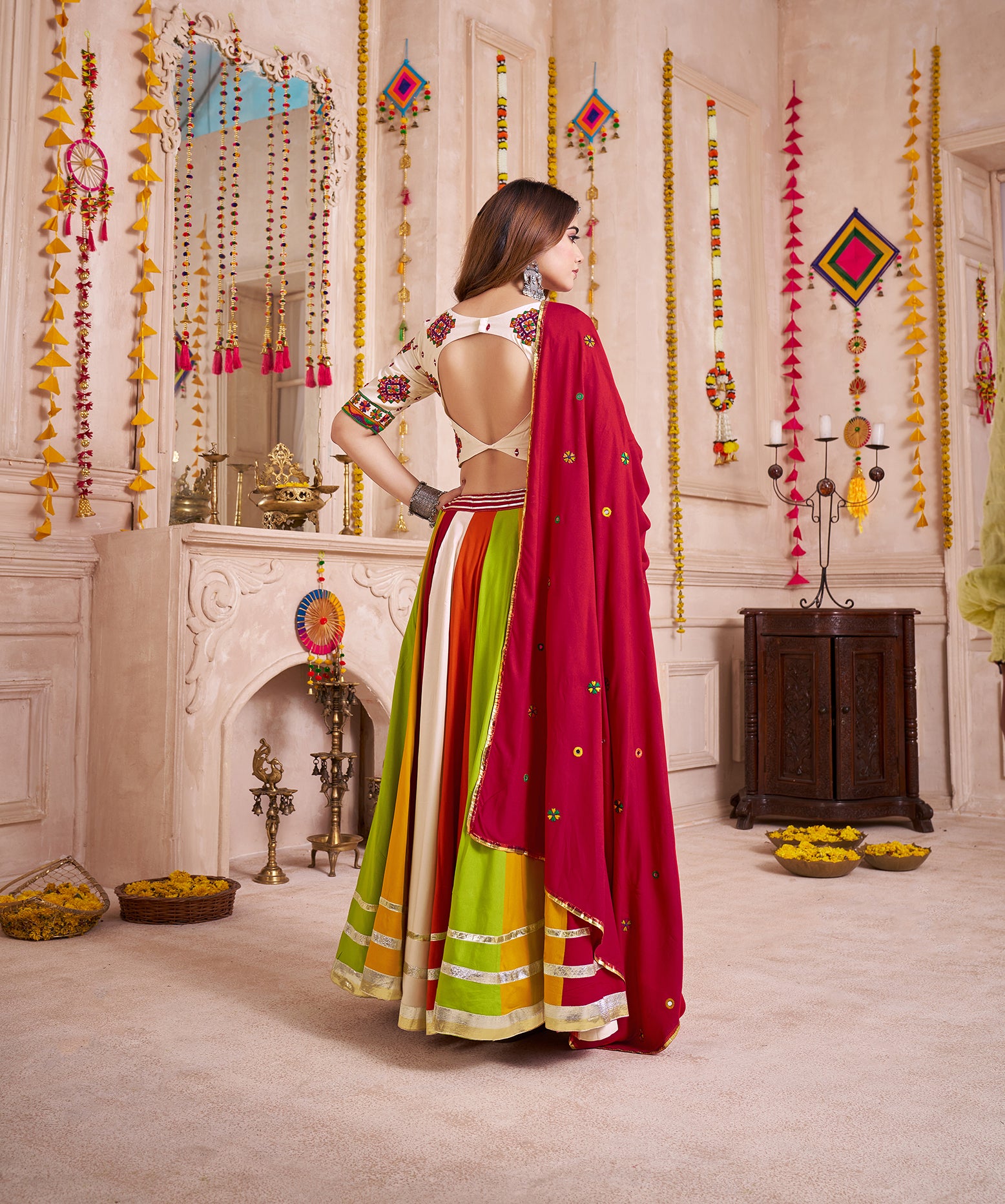 Monjolika Fashion Multi Color Viscose Cotton Navratri Lehenga Choli With Kutchi And Mirror Work Jacket