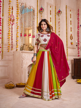 Monjolika Fashion Multi Color Viscose Cotton Navratri Lehenga Choli With Kutchi And Mirror Work Jacket