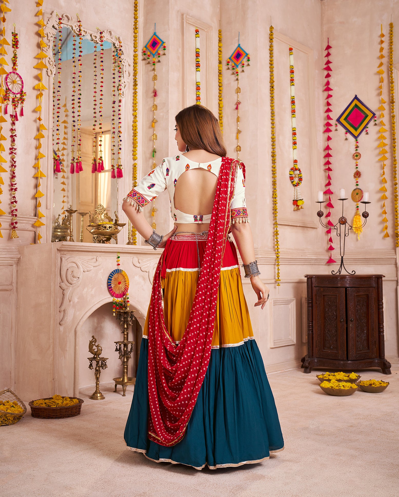 Monjolika Fashion Mirror And Kodi Work Colorful Navratri Chaniya Choli In Viscose Cotton