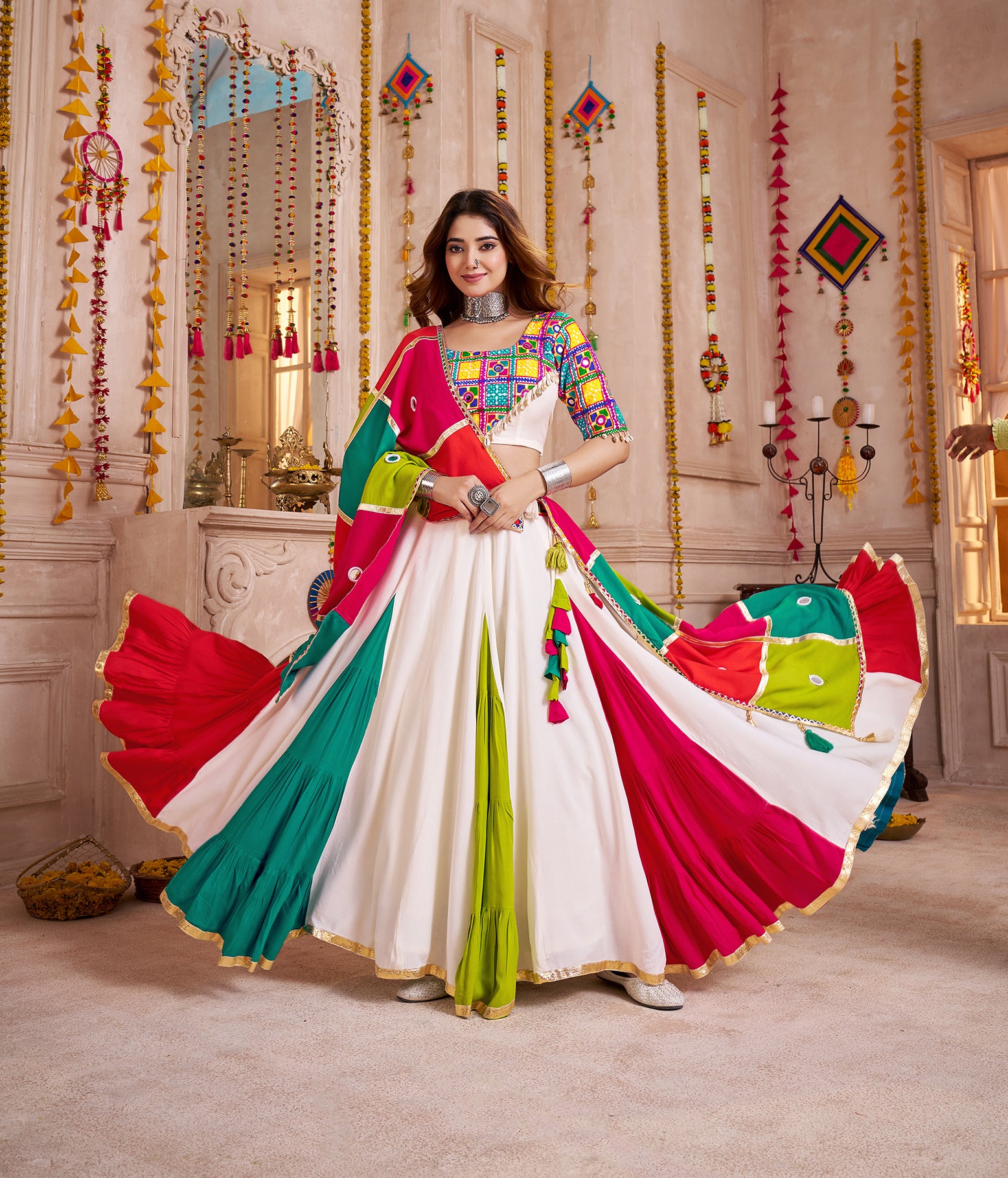 Monjolika Fashion Multi-Color Viscose Cotton Navratri Lehenga Choli Set With Mirror And Thread Work
