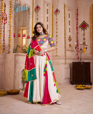 Monjolika Fashion Multi-Color Viscose Cotton Navratri Lehenga Choli Set With Mirror And Thread Work