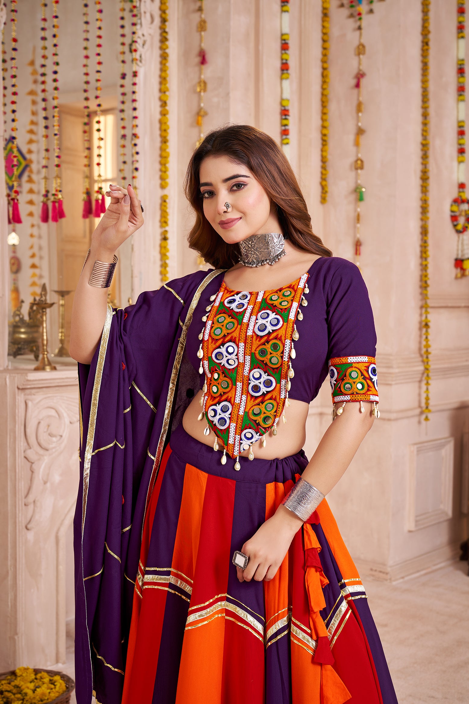 Monjolika Fashion Colorful Viscose Cotton Navratri Lehenga With Thread, Mirror & Kodi Work - Distacart