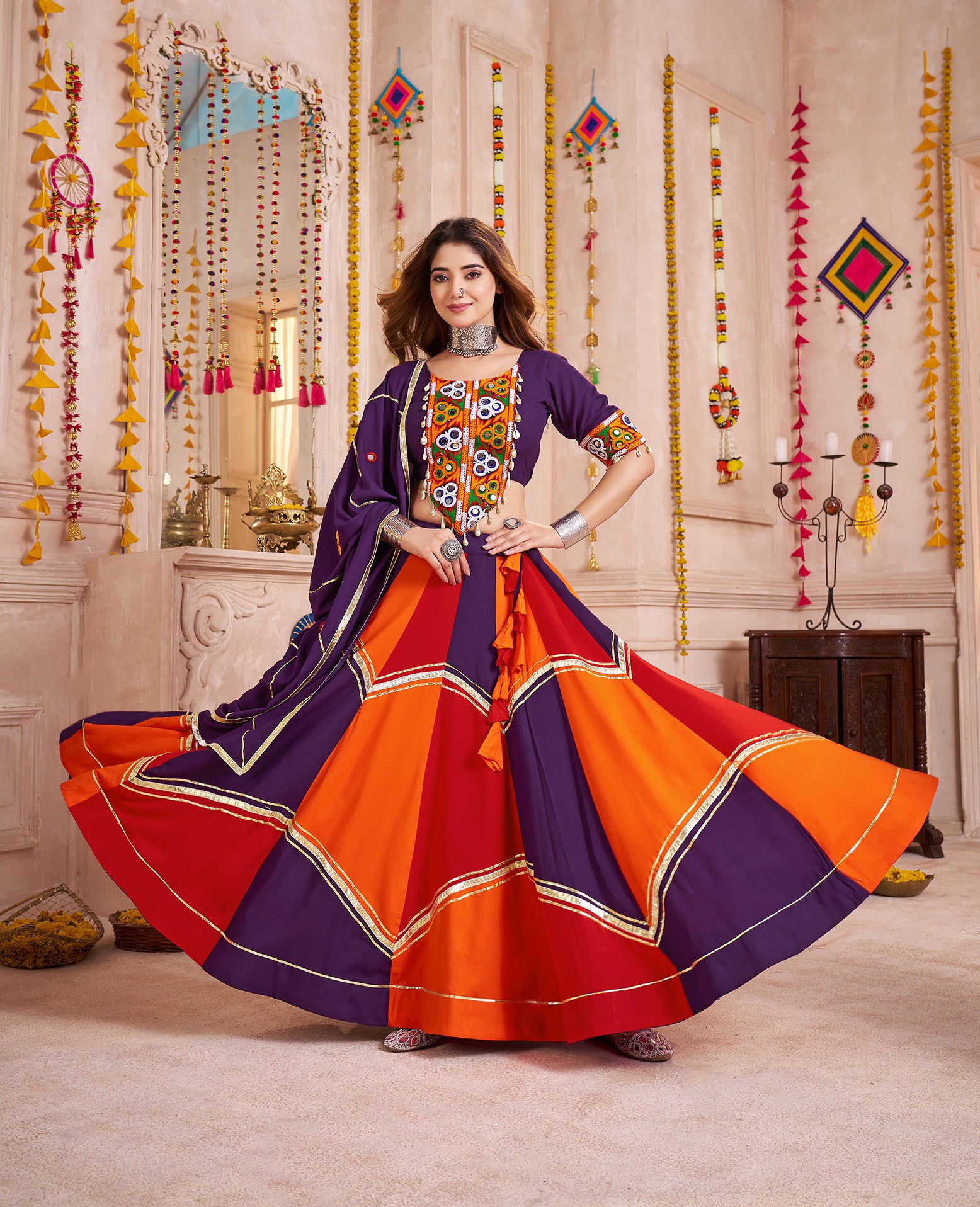 Monjolika Fashion Colorful Viscose Cotton Navratri Lehenga With Thread, Mirror & Kodi Work