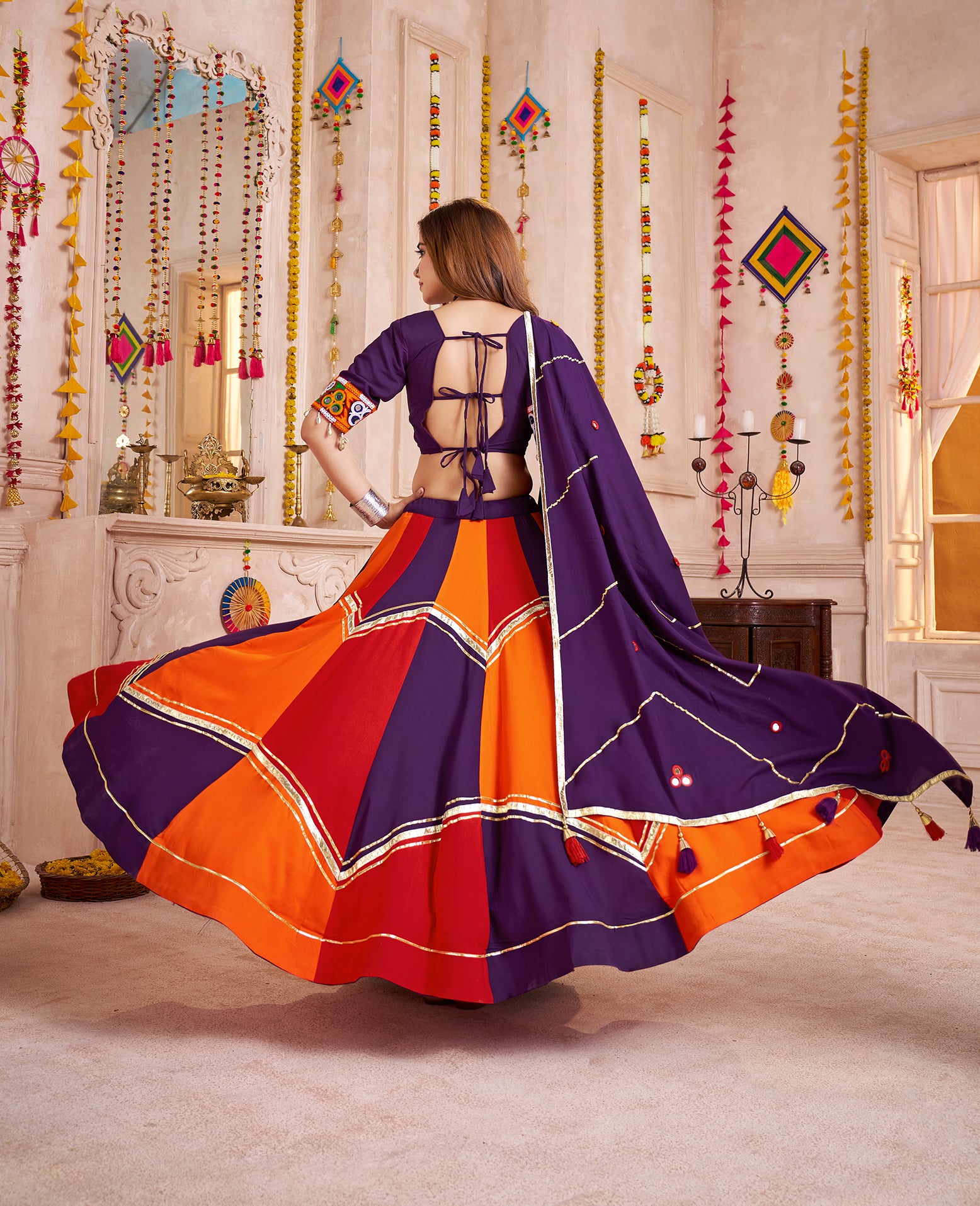 Monjolika Fashion Colorful Viscose Cotton Navratri Lehenga With Thread, Mirror & Kodi Work