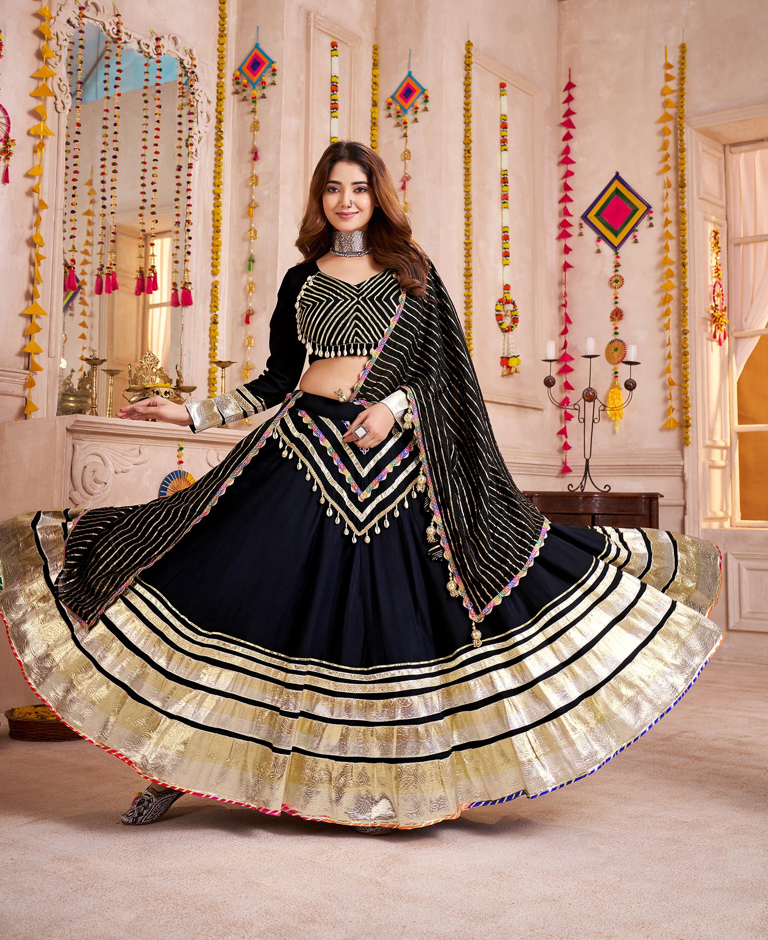 Monjolika Fashion Black Designer Viscose Cotton Navratri Chaniya Choli Set