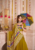 Thumbnail for Monjolika Fashion Olive Green Viscose Cotton Navratri Style Chaniya Choli Set