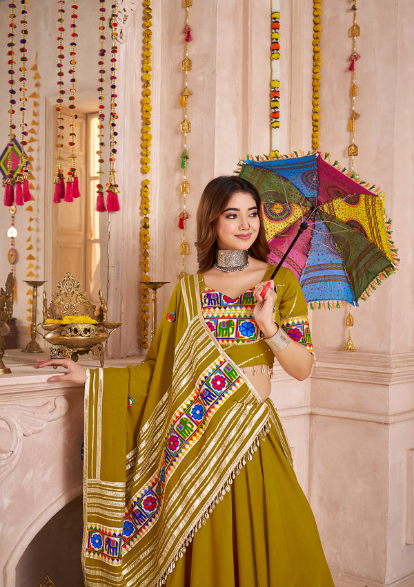 Monjolika Fashion Olive Green Viscose Cotton Navratri Style Chaniya Choli Set