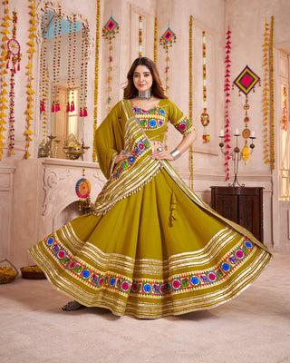 Monjolika Fashion Olive Green Viscose Cotton Navratri Style Chaniya Choli Set