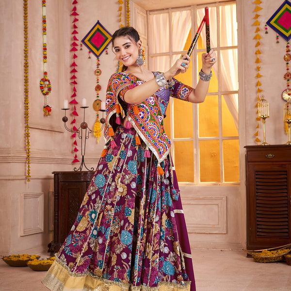 Monjolika Fashion Purple Kutchi Mirror Work Navratri Lehenga Choli