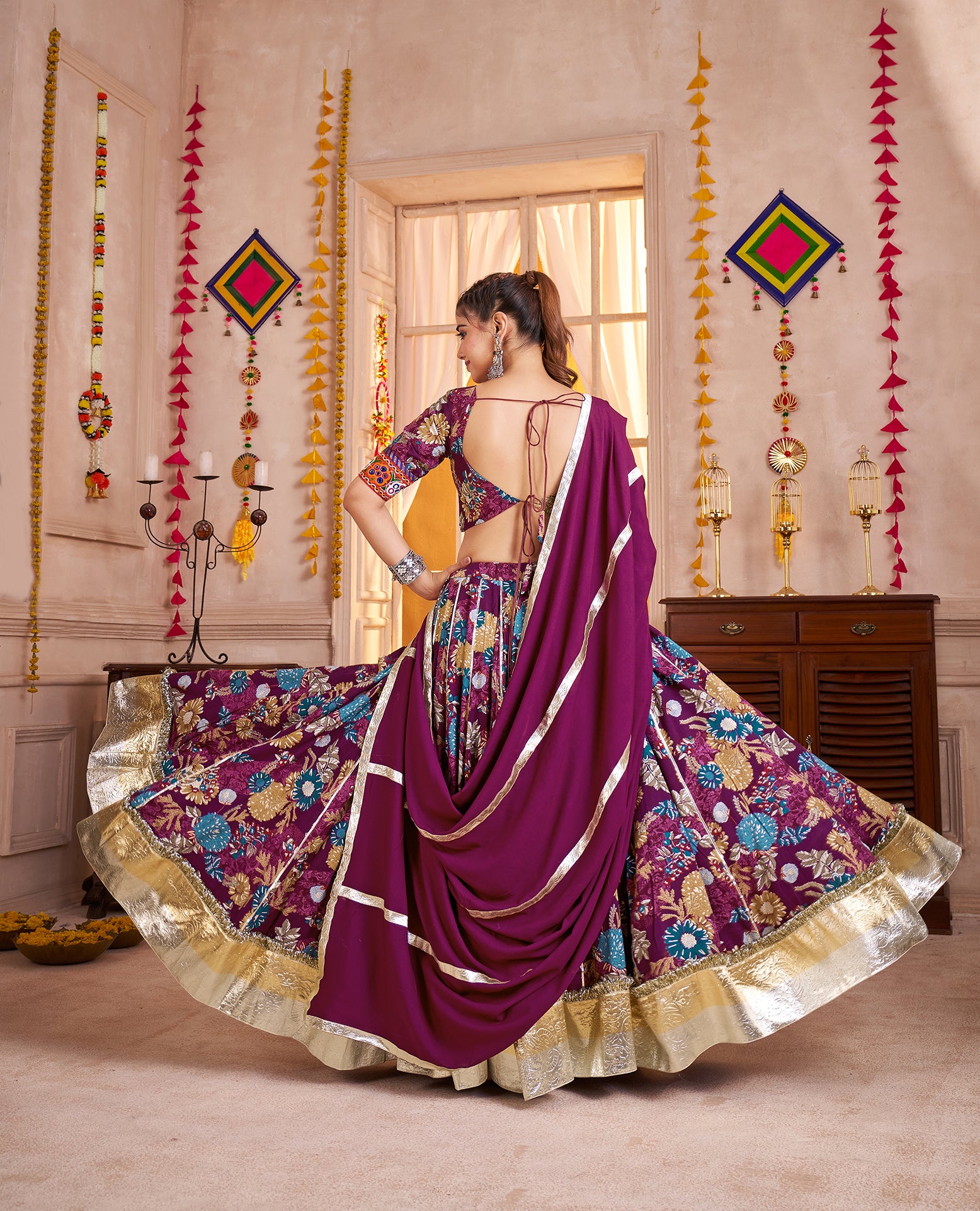 Monjolika Fashion Purple Kutchi Mirror Work Navratri Lehenga Choli