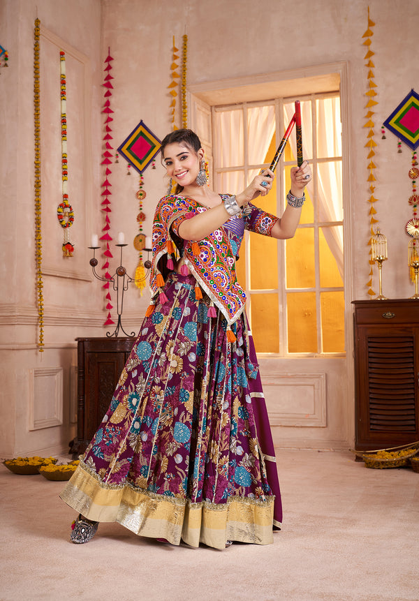 Monjolika Fashion Purple Kutchi Mirror Work Navratri Lehenga Choli