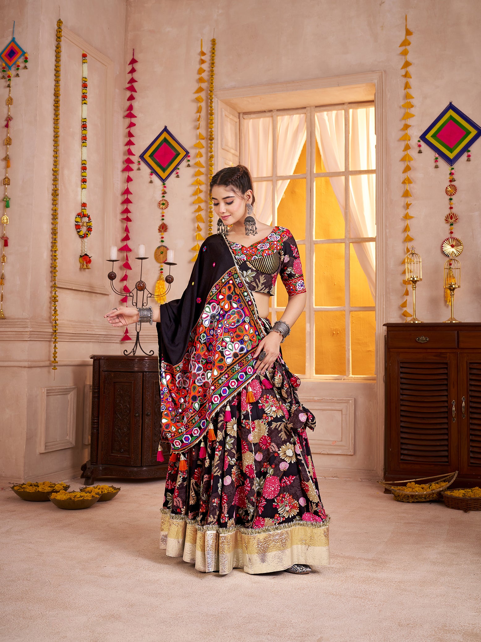 Monjolika Fashion Black Viscose Cotton Navratri Lehenga Choli With Kutchi Patch & Mirror Work