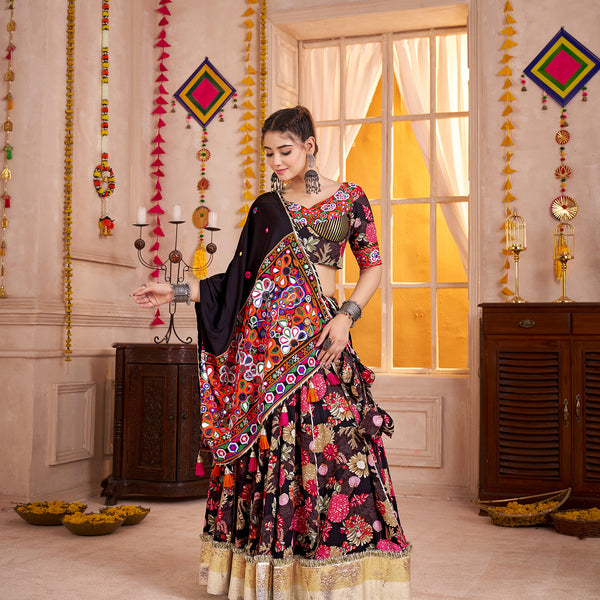 Monjolika Fashion Black Viscose Cotton Navratri Lehenga Choli With Kutchi Patch & Mirror Work - Distacart