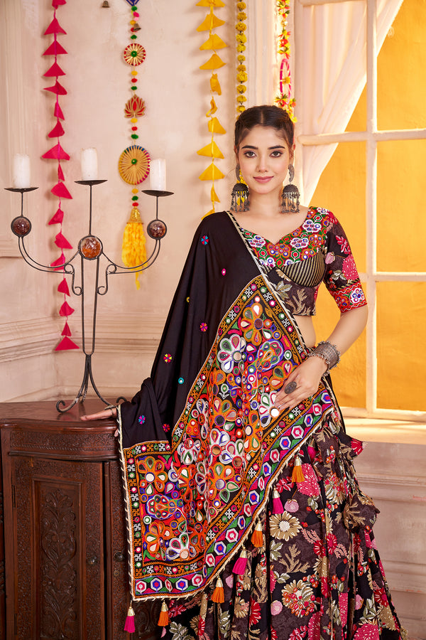 Monjolika Fashion Black Viscose Cotton Navratri Lehenga Choli With Kutchi Patch & Mirror Work