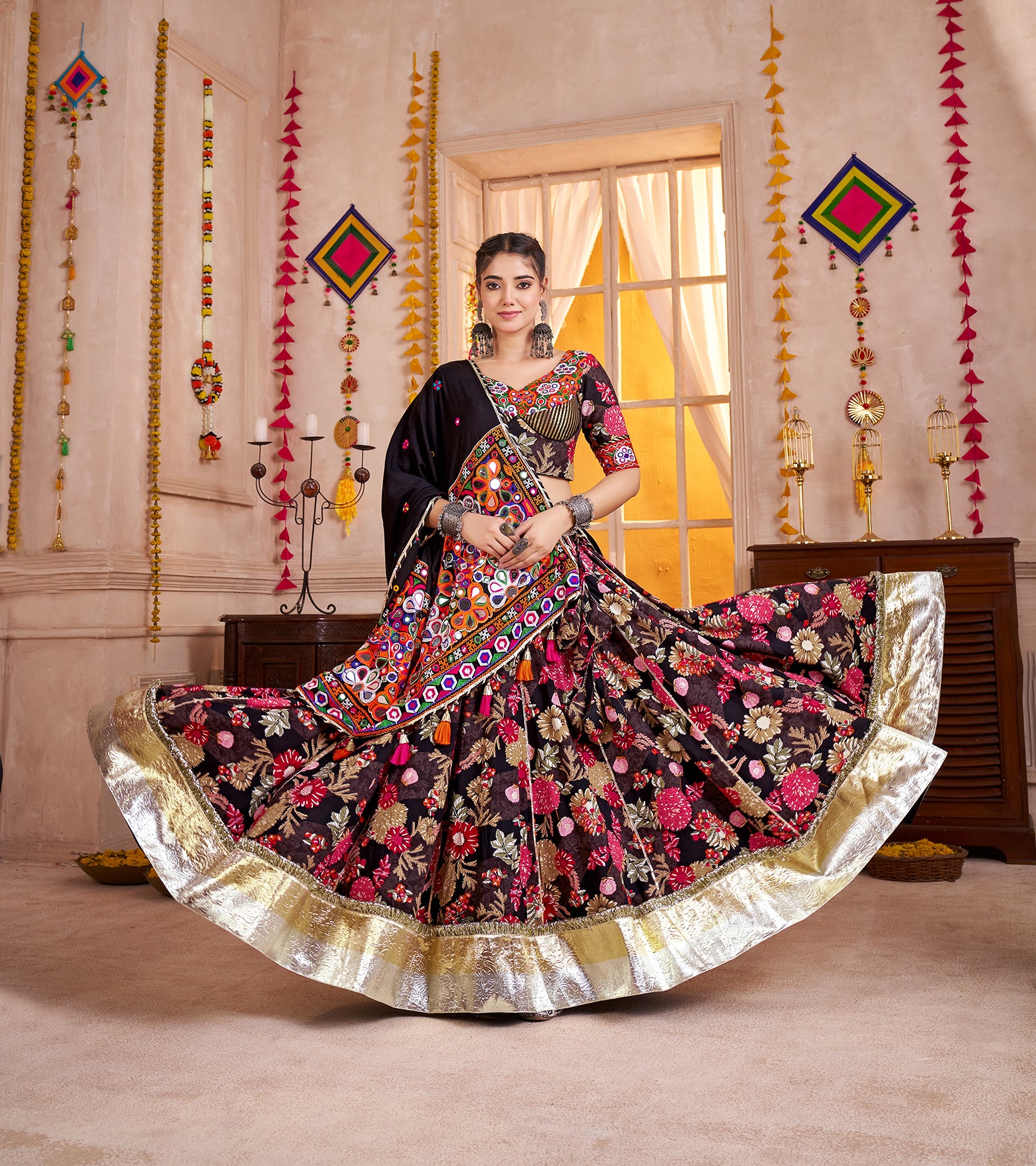 Monjolika Fashion Black Viscose Cotton Navratri Lehenga Choli With Kutchi Patch & Mirror Work