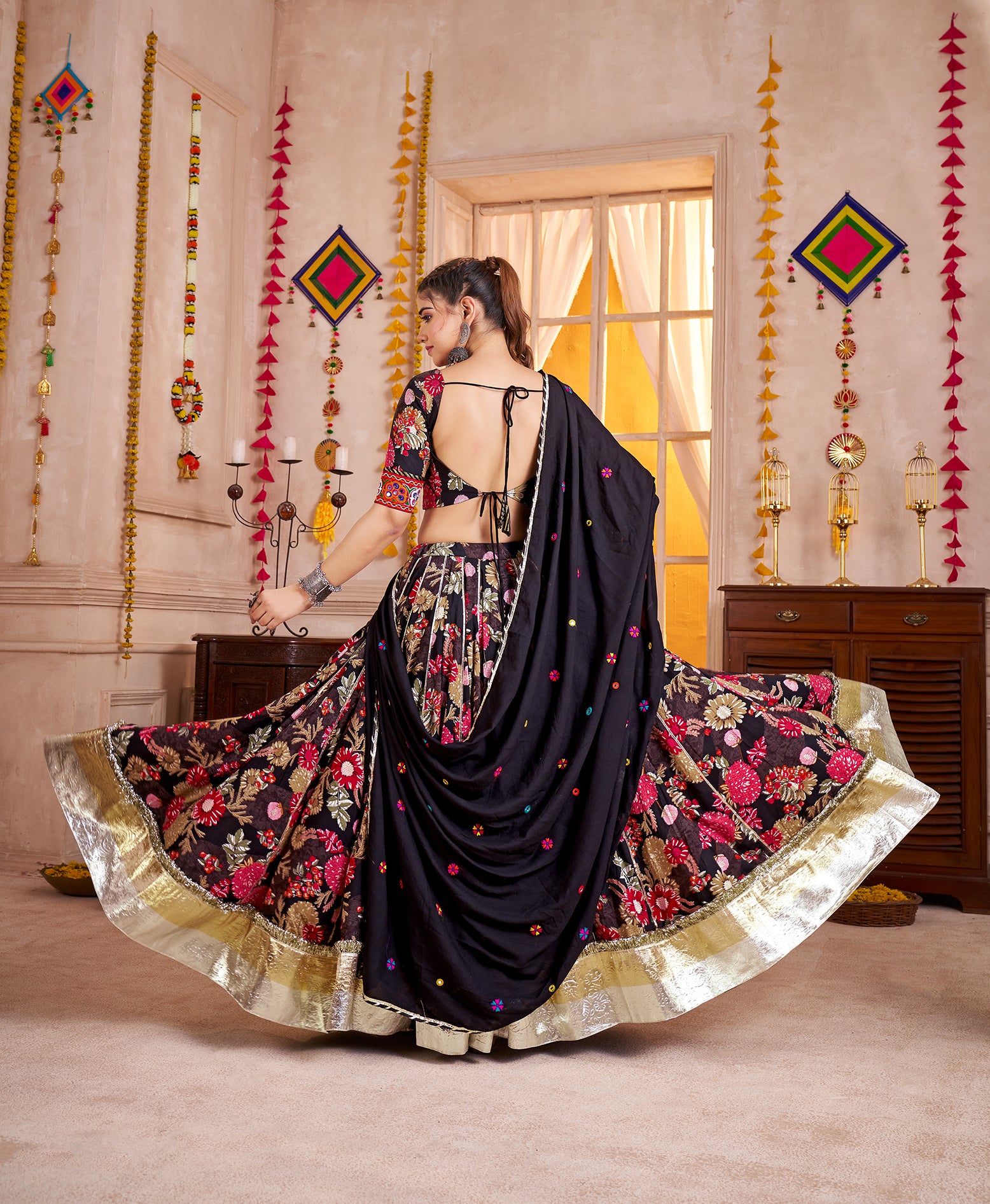 Monjolika Fashion Black Viscose Cotton Navratri Lehenga Choli With Kutchi Patch & Mirror Work