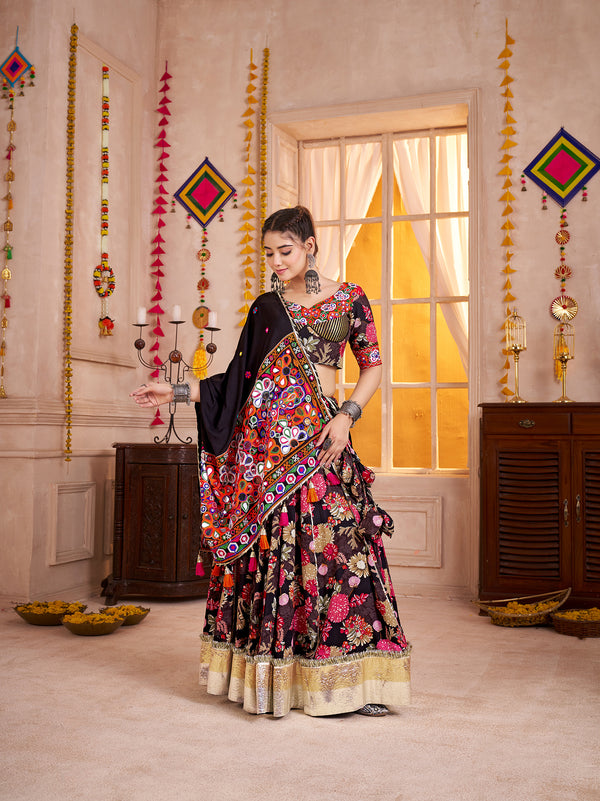 Monjolika Fashion Black Viscose Cotton Navratri Lehenga Choli With Kutchi Patch & Mirror Work