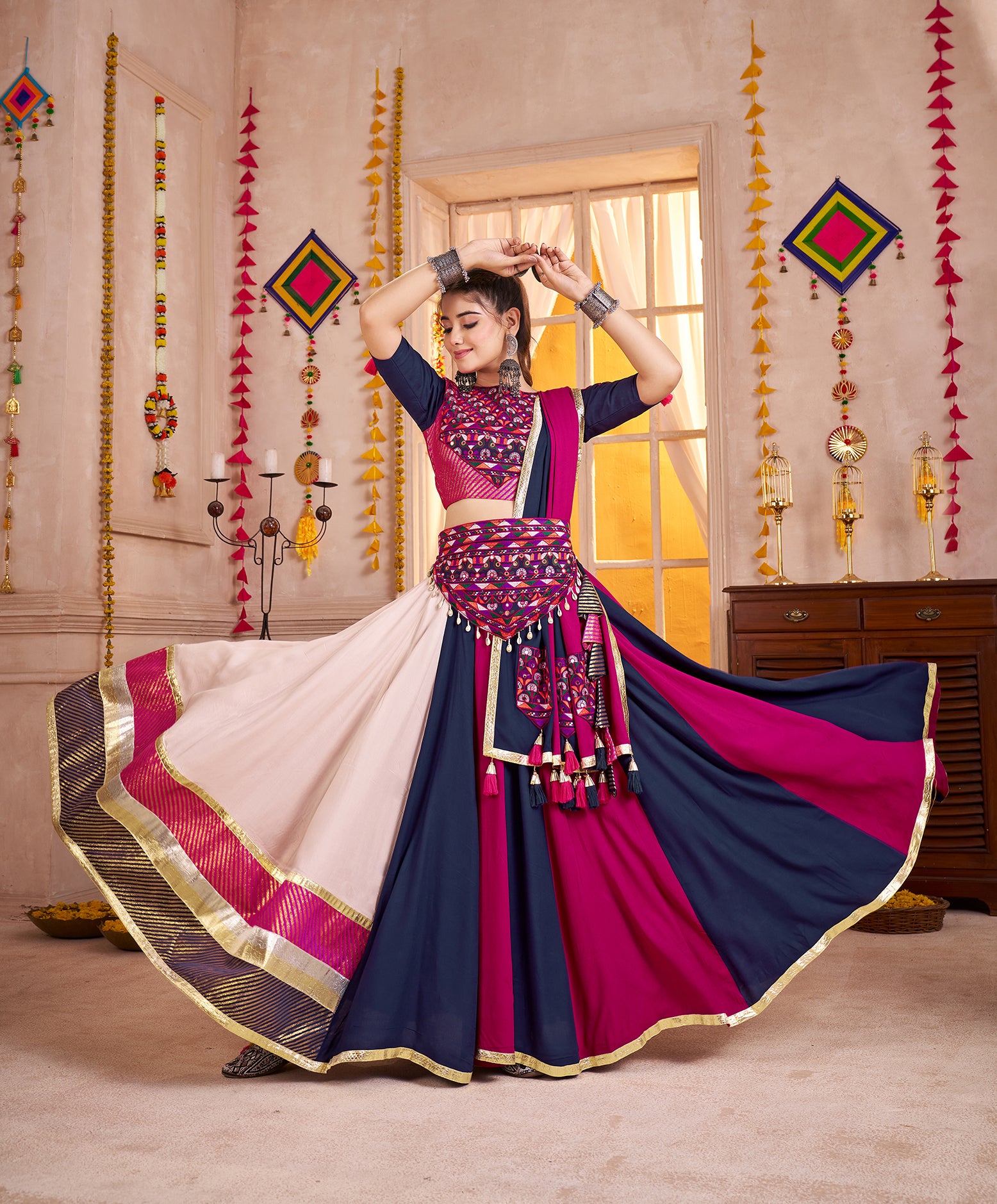 Monjolika Fashion Viscose Cotton Multi-Color Embroidery Navratri Lehenga Choli