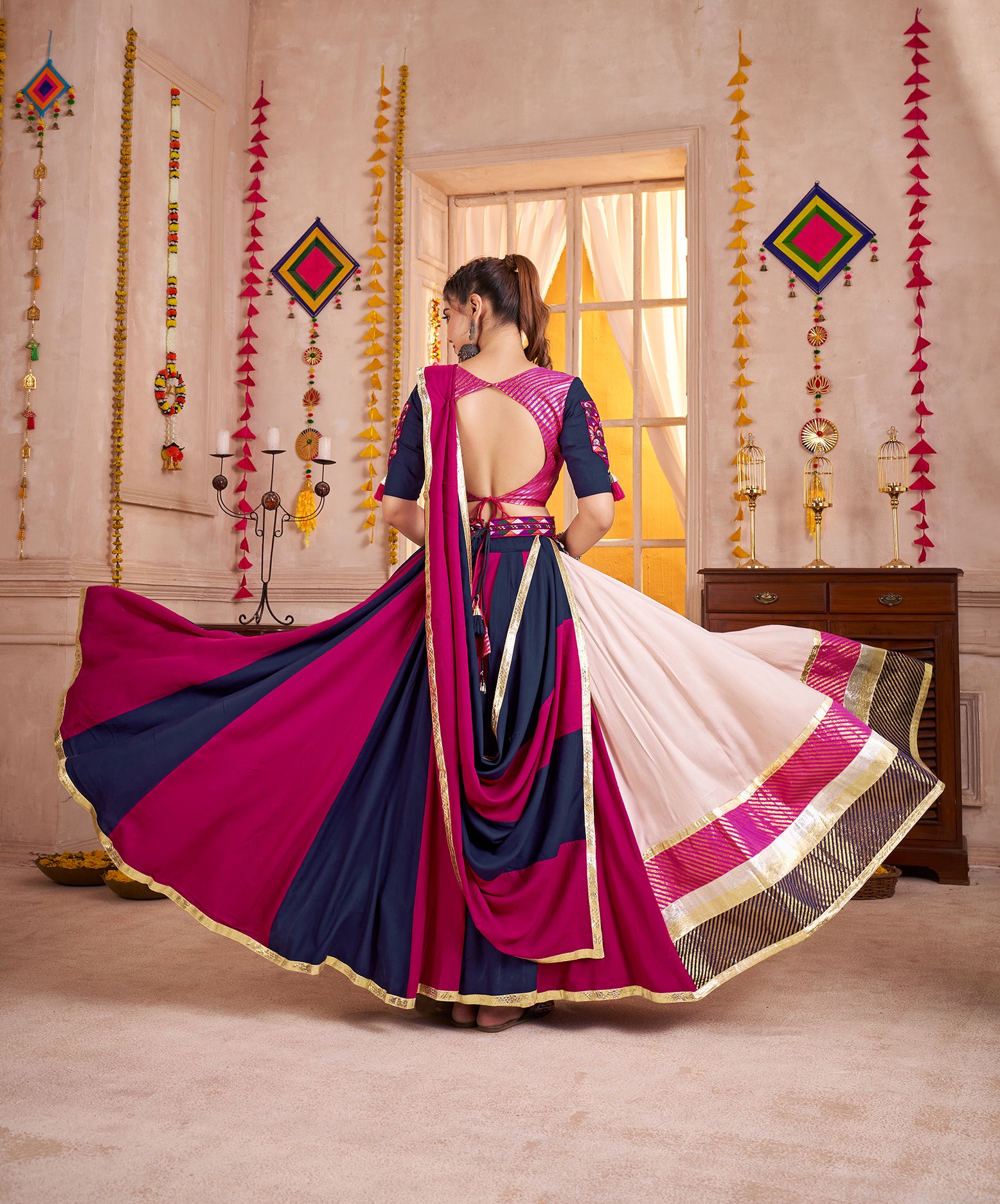Monjolika Fashion Viscose Cotton Multi-Color Embroidery Navratri Lehenga Choli