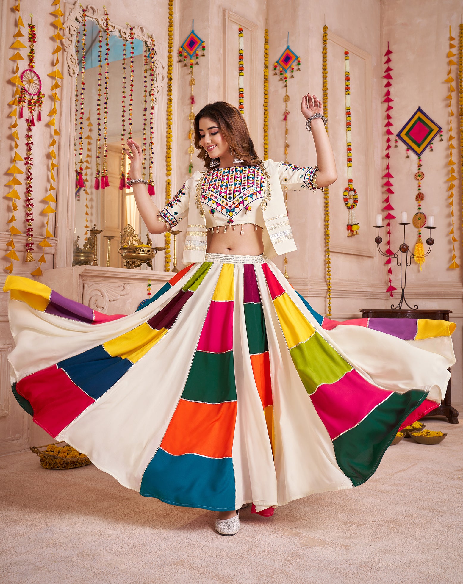 Monjolika Fashion Multicolor Viscose Cotton Navratri Chaniya Choli With Kutchi And Mirror Work Jacket - Distacart