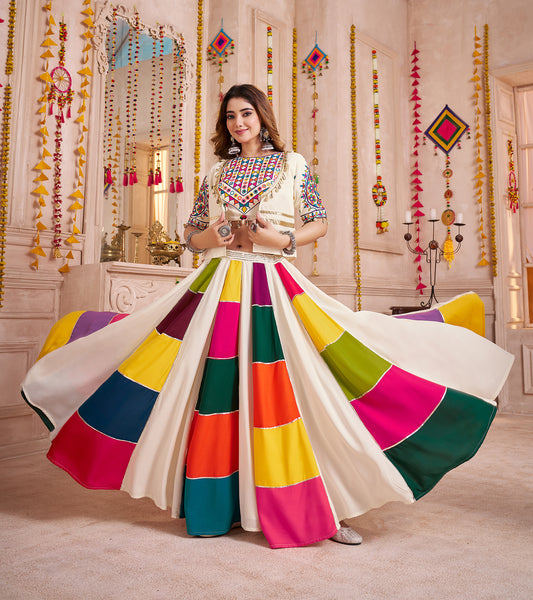 Monjolika Fashion Multicolor Viscose Cotton Navratri Chaniya Choli With Kutchi And Mirror Work Jacket