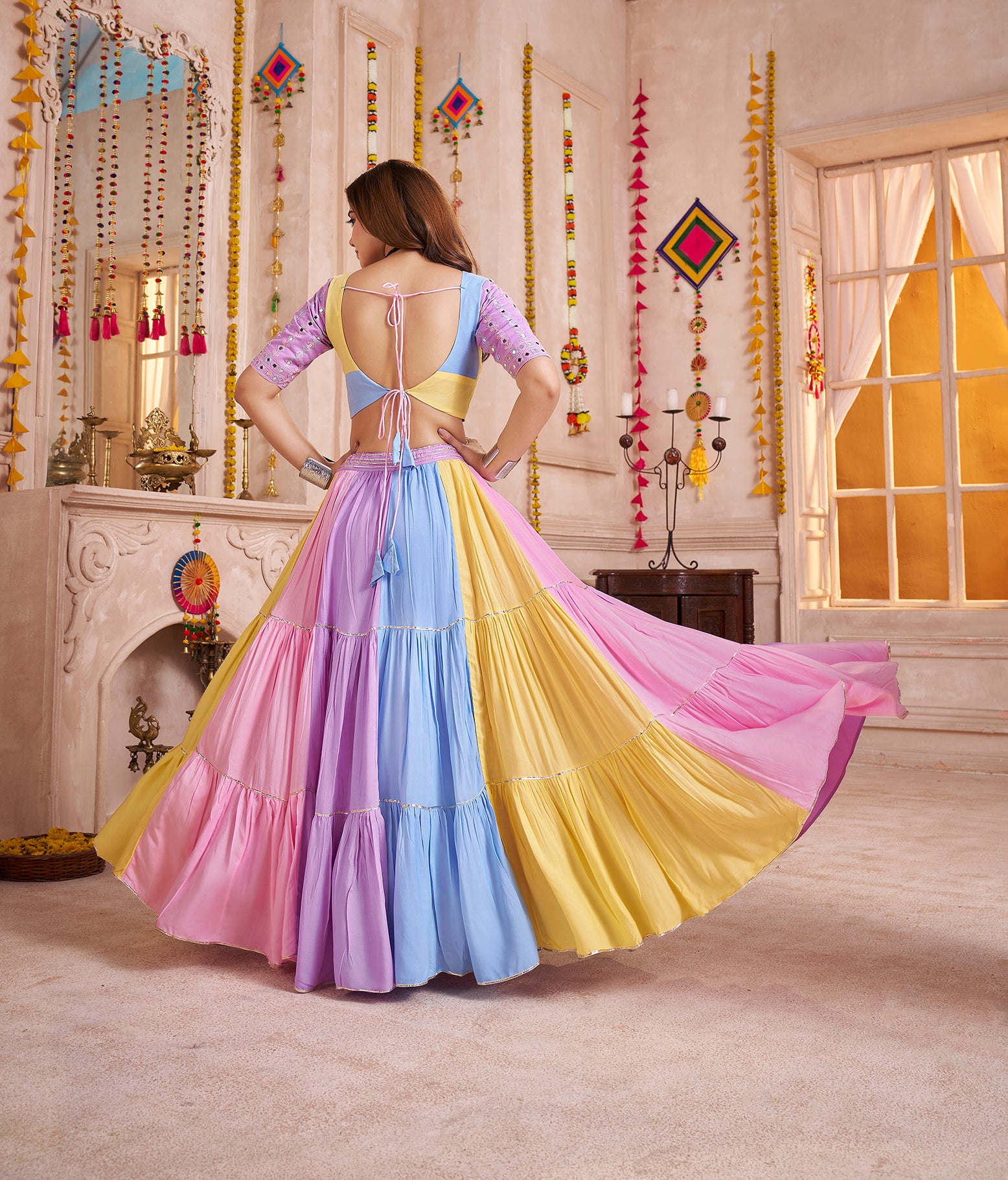 Monjolika Fashion Multicolor Viscose Cotton Navratri Chaniya Choli With Mirror Work