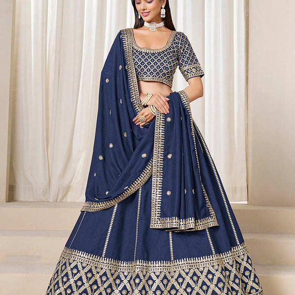 Monjolika Fashion Navy Blue Art Silk Wedding Wear Lehenga Choli Set - Distacart