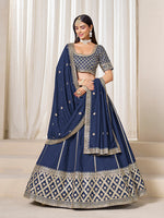 Thumbnail for Monjolika Fashion Navy Blue Art Silk Wedding Wear Lehenga Choli Set - Distacart