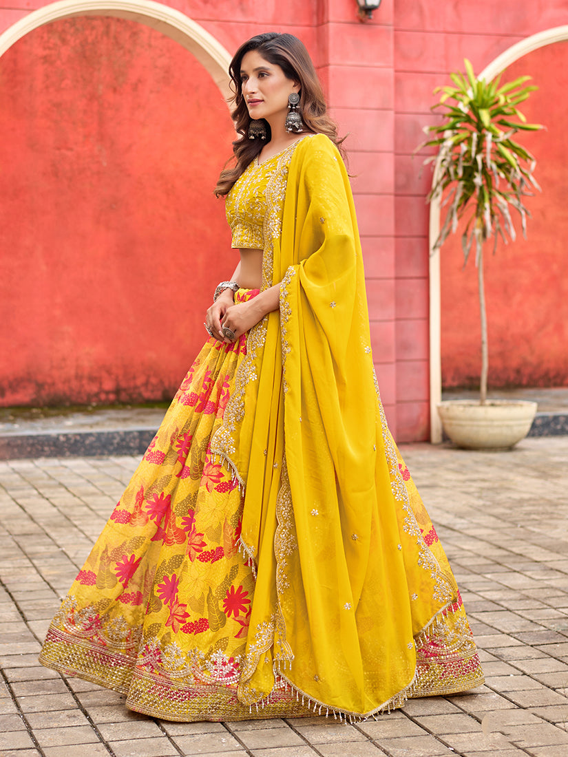 Monjolika Fashion Yellow Printed Embroidered Tabby Silk Trendy Lehenga Choli