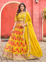 Thumbnail for Monjolika Fashion Yellow Printed Embroidered Tabby Silk Trendy Lehenga Choli