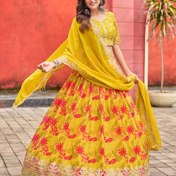 Monjolika Fashion Yellow Printed Embroidered Tabby Silk Trendy Lehenga Choli
