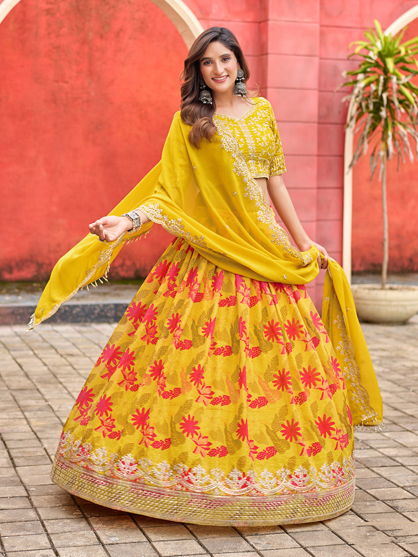 Monjolika Fashion Yellow Printed Embroidered Tabby Silk Trendy Lehenga Choli - Distacart