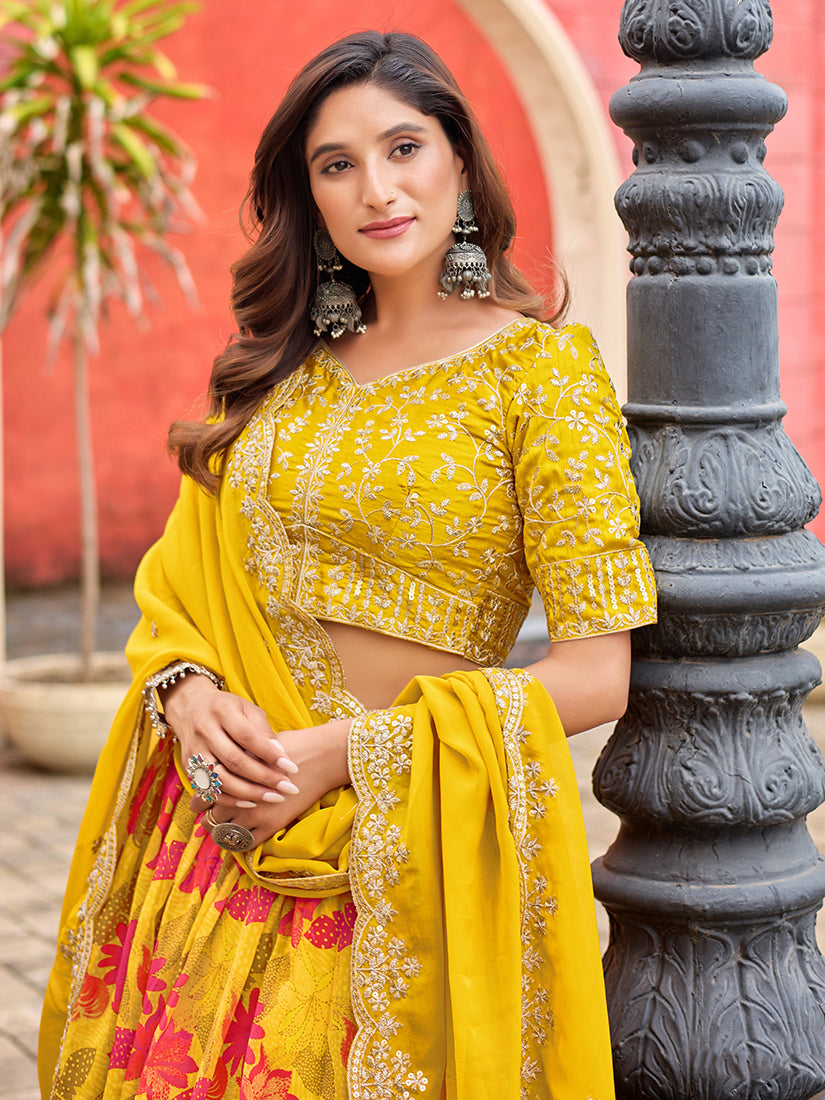 Monjolika Fashion Yellow Printed Embroidered Tabby Silk Trendy Lehenga Choli