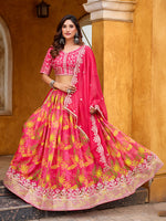 Thumbnail for Monjolika Fashion Hot Pink Printed Embroidered Tabby Silk Trendy Lehenga Choli - Distacart