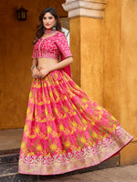 Thumbnail for Monjolika Fashion Hot Pink Printed Embroidered Tabby Silk Trendy Lehenga Choli - Distacart