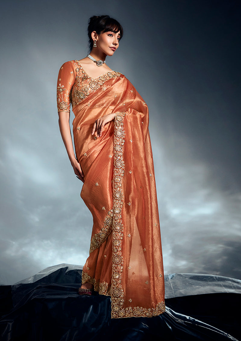 Monjolika Fashion Orange Tissue Organza Saree With Moti, Cutdana & Sequins Work
