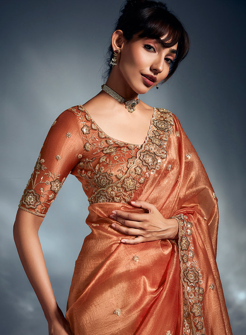 Monjolika Fashion Orange Tissue Organza Saree With Moti, Cutdana & Sequins Work